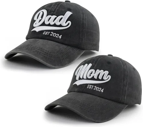 Miniatura 2 de Gorra de béisbol de 2 piezas para mamá y papá EST 2024, bordada en 3D, ajustable, de algodón lavado, regalos para nuevos padres