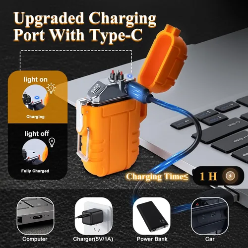 Miniatura 2 de LcFun Encendedor Eléctrico - Recargable por USB C, a Prueba de Viento e Impermeable, Encendedores de Plasma de Arco Dual Sin Llama con Cordón Naranja