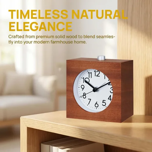 Miniatura 6 de Reloj despertador analógico de madera, cuerpo de madera sin tictac, silencioso, con función de repetición de luz nocturna, funciona