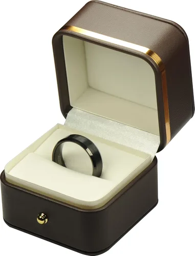 Caja de anillo para propuesta de boda, compromiso para hombres y mujeres, de lujo, suave al tacto, color marrón, de piel sintética, caja de regalo