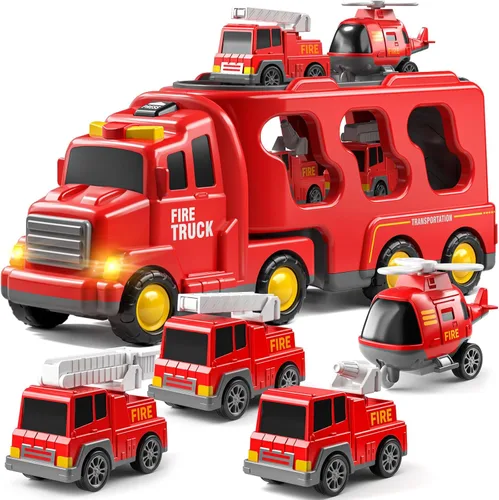 Miniatura 8 de JUKUDAHU Camiones de Bomberos 7-en-1 para Niños de 3, 4, 5, 6 Años - Auto de Transporte para Niños Pequeños de 4-6, Juguetes con Sonido y Luz