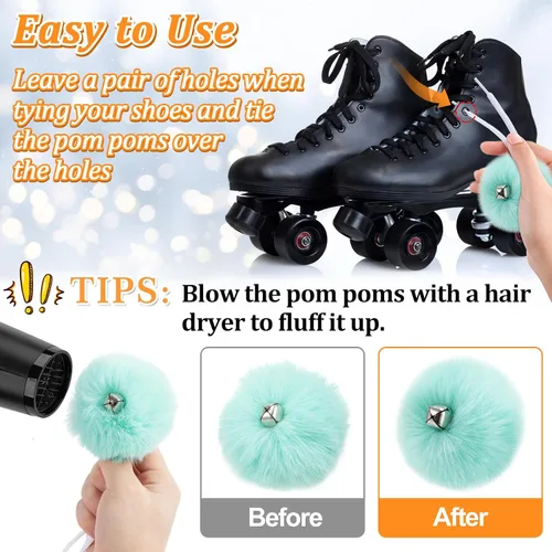 Miniatura 7 de PAMASE Pompones para Patines de Ruedas para Niñas y Mujeres - 6 Pares de Pompones Esponjosos y Coloridos con Cascabeles, Cordones de Zapatos
