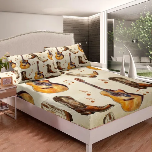 Miniatura 4 de Castle Fairy Juego de sábanas de botas de vaquero, tamaño individual, juego de ropa de cama de guitarra musical bohemia de 3 piezas para niños