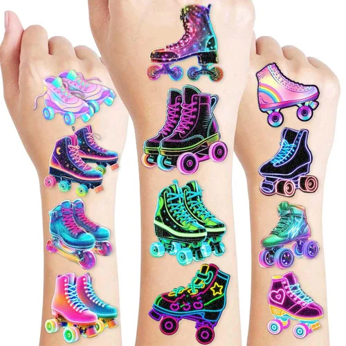 96 tatuajes temporales de patines de neón – tema de los años 80 y 90 para decoración de fiesta de cumpleaños, suministros de regalos para niños,