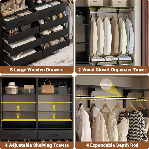 Miniatura 3 de Aheaplus Sistema de Armario con 8 Cajones de Madera, Sistema Organizador de Armario de Madera con Torre, Organizador de Vestidor Perchero de Armario