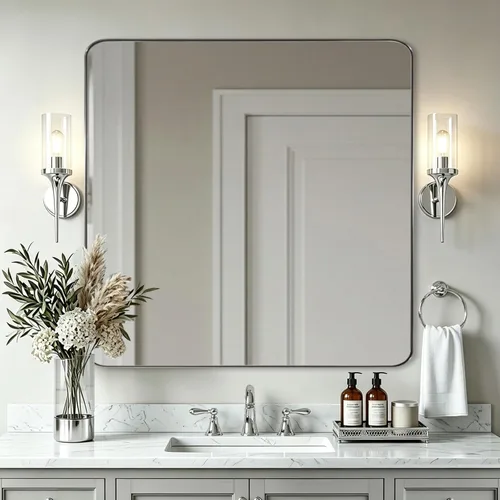 Miniatura 33 de ANDY STAR Espejo cromado para baño, espejo de pared con marco de metal de 22 x 30 pulgadas, espejo rectangular de acero inoxidable con esquina