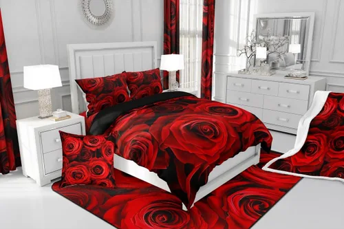 Miniatura 5 de Juego de edredón de rosas rojas, tamaño individual, juego de ropa de cama floral rojo degradado negro para niñas, mujeres, niños, adolescentes