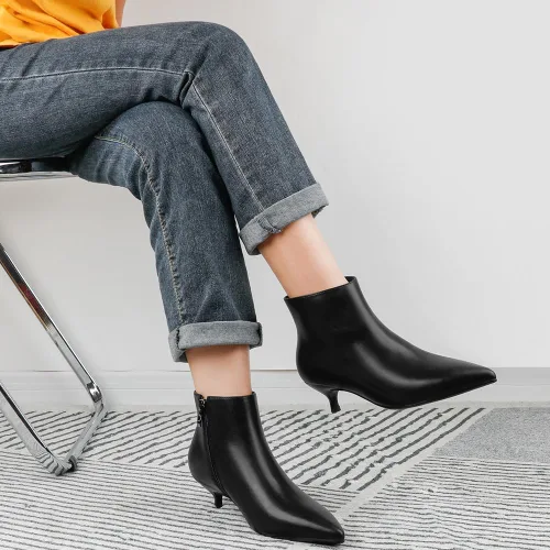 Miniatura 2 de MERUMOTE Botines de cuero para mujer, zapatos de tacón bajo, botines de invierno con cremallera