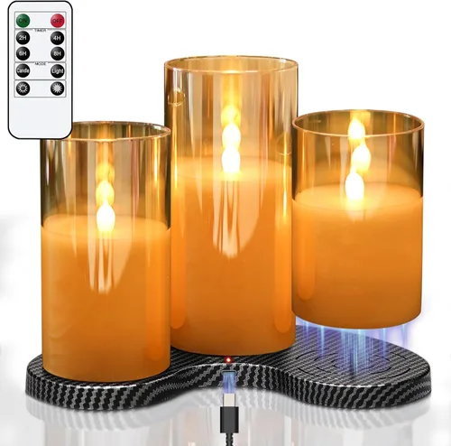 Miniatura 10 de GenSwin - Velas LED sin llama de cristal transparente que funcionan con batería, con control remoto de 10 teclas y temporizador, velas de cera real