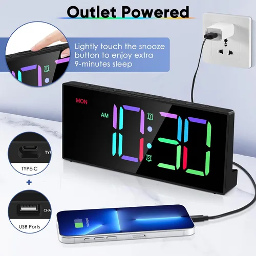 Miniatura 6 de Tetino Reloj despertador fuerte para durmientes pesados, relojes digitales con brillo de volumen ajustable, repetición, respaldo de batería