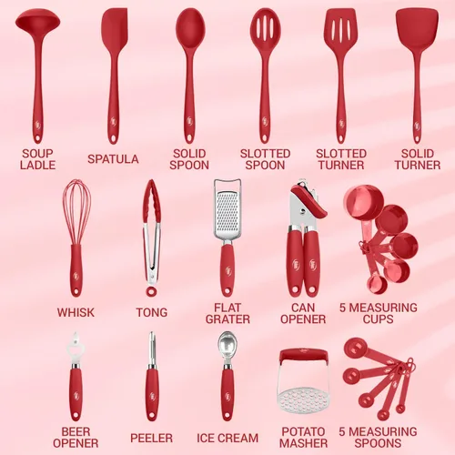 Miniatura 2 de Kaluns Juego de utensilios de cocina de silicona, juego de 24 utensilios de cocina, abrelatas, triturador, espátula, 446 °F, resistente al calor