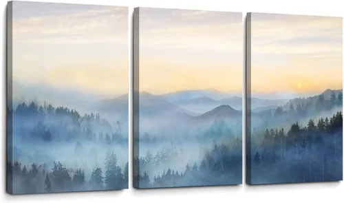 Miniatura 18 de Decoración de pared para dormitorio, 3 paneles, estampado de bosque brumoso con salida del sol, arte de pared para sala de estar, baño, lienzo