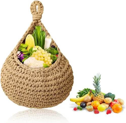Miniatura 11 de Cesta colgante de frutas para cocina, cesta de frutas para colgar en la pared, cesta de frutas y verduras tejida a mano, cesta colgante de yute