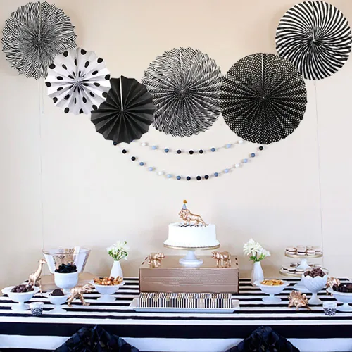 Miniatura 5 de Juego de 6 abanicos de papel para colgar en fiestas, guirnaldas de papel con patrón redondo negro para decoración de cumpleaños, bodas, eventos