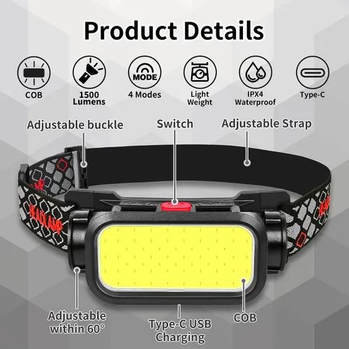 Miniatura 2 de Faro LED de alto lúmenes con sensor de movimiento súper brillante, 3 modos de iluminación, pantalla digital, recargable, lámpara de cabeza