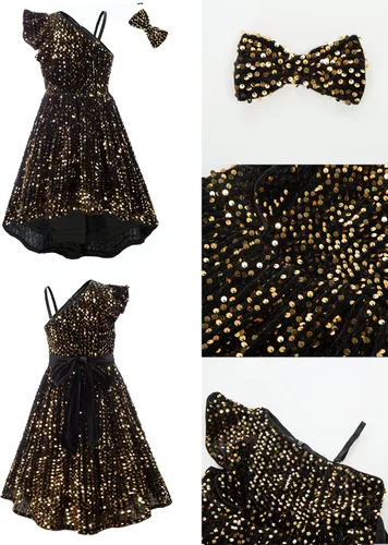 Miniatura 5 de GRACE KARIN Vestido de lentejuelas de un hombro para niñas, vestido de fiesta alto y bajo para 5-14 años