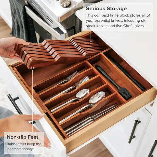 Miniatura 6 de KitchenEdge Organizador de madera de acacia para cuchillos de cocina, capacidad para 5 cuchillos largos + 6 cortos (no incluidos), se adapta a