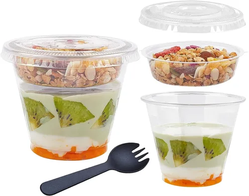 Miniatura 10 de Zezzxu Paquete de 50 tazas desechables de parfait de 12 onzas con tapas sin agujero, compartimento para coberturas y tenedor, yogur conatiner con 12