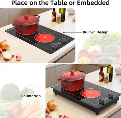 Miniatura 8 de GIHETKUT - Placa de cocina eléctrica, 110V 2100W, 9 niveles de potencia, 2 quemadores, control de botón y táctil, bloqueo para niños y temporizador
