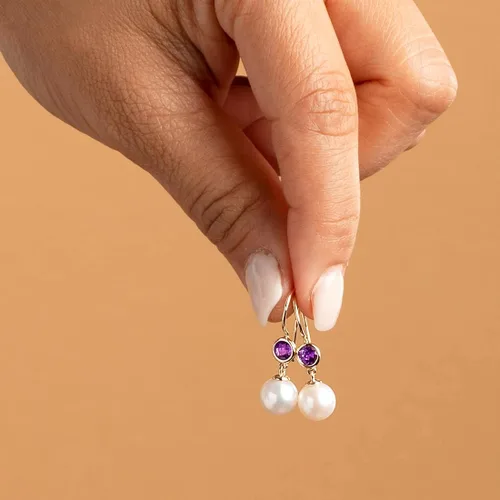 Miniatura 6 de Peora Aretes colgantes de oro amarillo de 14 quilates, perlas blancas cultivadas en agua dulce de 0.315 in y amatista genuina para mujer, piedra