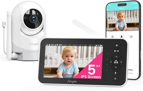 Simyke Monitor de bebé, monitor de bebé de video de 5 pulgadas con cámara 720P, monitor de audio WiFi con PTZ remoto, visión nocturna, conversación
