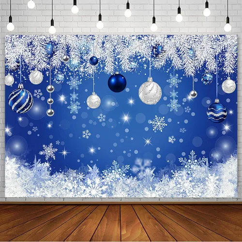 AIBIIN Telón de fondo de Navidad de invierno de 7 x 5 pies para fotografía, campana azul plateada con purpurina, copo de nieve, aguja de pino