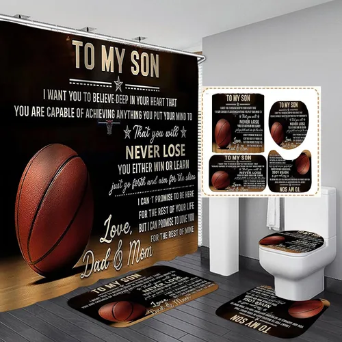 Miniatura 9 de Juego de 4 cortinas de ducha de baloncesto, citas inspiradoras positivas, decoración de baño deportivo, cortina de ducha negra de tela impermeable
