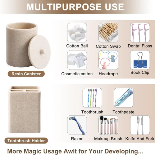 Miniatura 2 de Juego de baño de resina de 6 piezas color beige completo con soporte para cepillos de dientes, dispensador de jabón de loción, 2 dispensadores