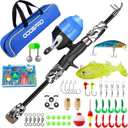 Miniatura 8 de ODDSPRO Caña de pescar para niños, color rosa, kit combinado de caña de pescar telescópica portátil y carrete - con caja de aparejos de pesca