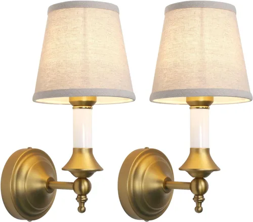 PERMO Juego de 2 apliques de pared clásicos vintage de tela con embudo de lino con cable para colgar en la pared para pasillo, decoración artística