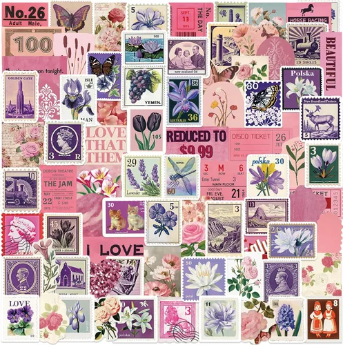100 PCS Calcomanías Vintage Rosa y Morado, Calcomanías Estéticas para Diarios, Álbumes de Recortes, Botellas de Agua para Journaling, Calcomanías de