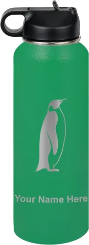 Miniatura 59 de LaserGram Botella de agua personalizada, pingüino, acero inoxidable de doble pared aislada al vacío con popote superior, regalo grabado