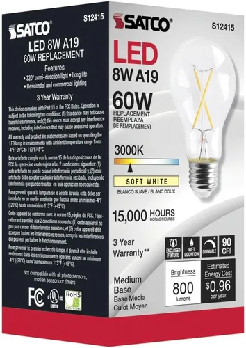 Miniatura 2 de Satco S12415-8 vatios LED A19; transparente; base media; 3000K (paquete de 2)