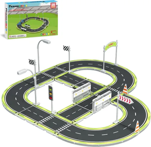 Miniatura 11 de PicassoTiles Azulejos Magnéticos de Construcción Pista de Autos Vehículo Magnético Tema de Aventura Calle Impresa Carretera Pista Autopista Bloque