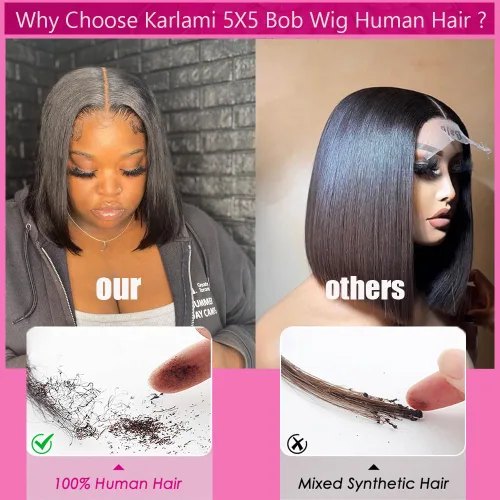 Miniatura 2 de Karlami Peluca de cabello humano Bob de 8 pulgadas, sin pegamento, 5 x 5 HD, con cierre de encaje, pelucas de cabello humano prearrancadas HD