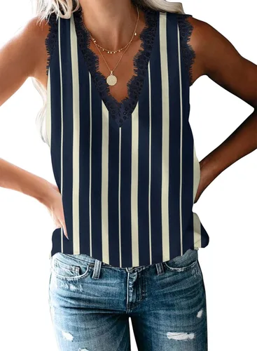 Miniatura 78 de VIISHOW - Camiseta sin mangas, sexy, con cuello en V y bordes de encaje para mujer, camisola de vestir, camisas de gasa, sin mangas, casuales