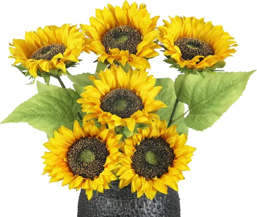 Olrla Girasol artificial de tallo largo, 6 unidades, flores de sol falsas amarillas de un solo tallo para centro de mesa, arreglo de bricolaje,