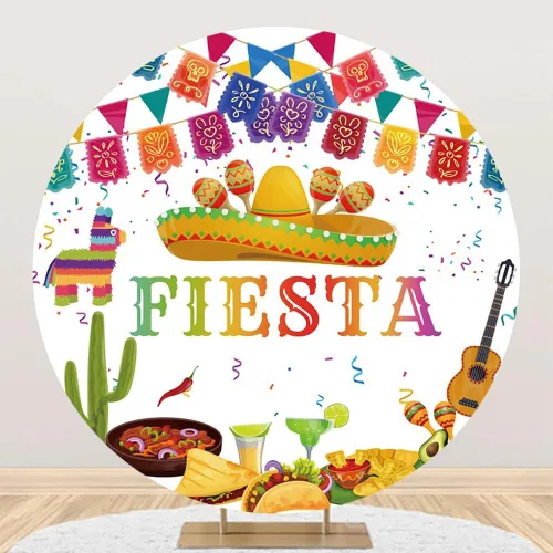 Miniatura 2 de AOFOTO Telón de fondo redondo con temática de fiesta mexicana de 3 x 3 pies para fotografía, carnaval del Cinco de Mayo, banderas coloridas