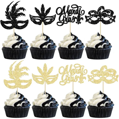 Miniatura 18 de Gyufise 24 máscaras de mascarada para cupcakes con purpurina para despedida de soltera, para cupcakes, comida y frutas, baile de máscaras, Mardi