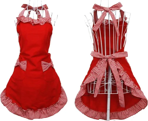 Hyzrz Delantales lindos de algodón rojo de moda para mujeres y niñas, delantales vintage de cocina retro con bolsillos para regalo del día de la