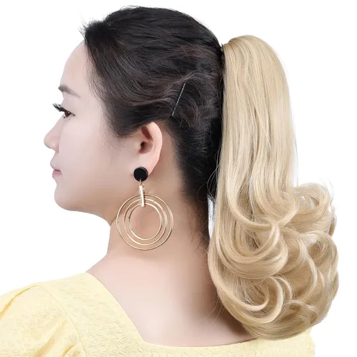 Miniatura 4 de Extensiones de cola de caballo rubias con clip de garra falsa, extensión de cabello sintético de 12 pulgadas, ondulado, 3.8 onzas, extensiones