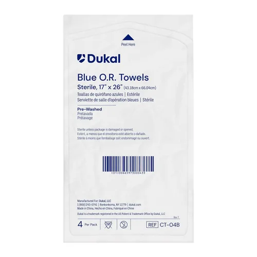Dukal Toallas estériles para quirófano – 17 x 27 pulgadas, azul, 4 toallas/paquete, 20 paquetes/caja (80 en total) – Toallas quirúrgicas absorbentes