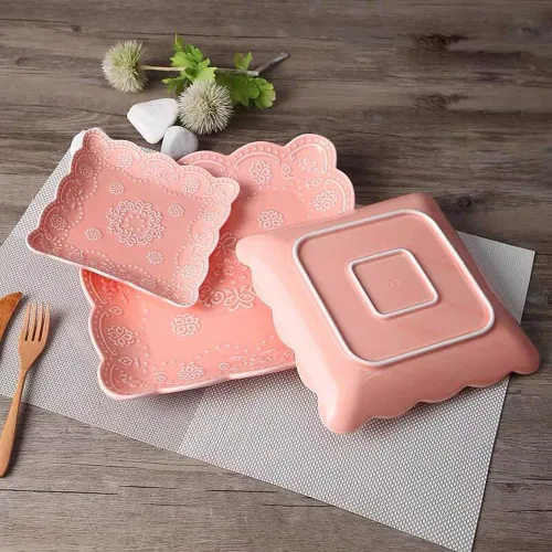 Miniatura 6 de Eplze YBK Tech - Elegante plato cuadrado de encaje en relieve, plato de postre de porcelana de hueso para desayuno o té de la tarde