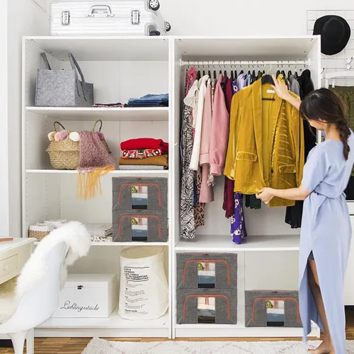Miniatura 5 de Paquete de 3 contenedores plegables de almacenamiento de ropa de 22 litros, apilables, con marco de acero, organizador con ventanas transparentes