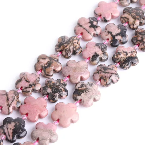 Miniatura 26 de GEM-Inside - 26 cuentas semipreciosas de 0.594 pulgadas (0.591 in) con diseño de flores de plantas naturales de África Bood Jasper para hacer joyas