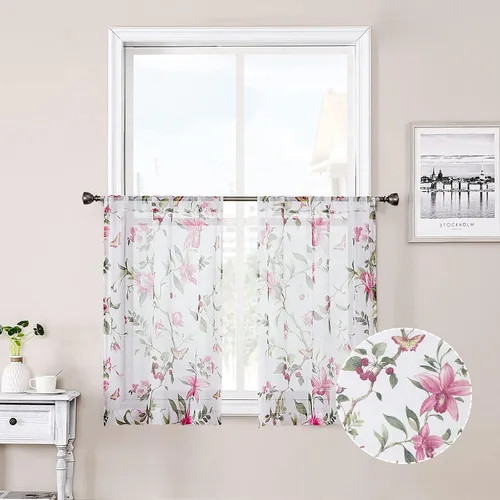 Miniatura 13 de Tollpiz Cortinas cortas y traslúcidas con estampado de mariposas y cerezo gris, media cortina con bolsillo para barra de cocina, cortinas