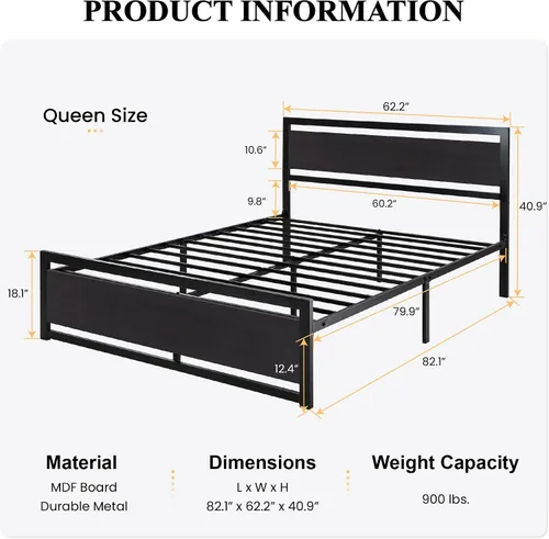 Miniatura 2 de SHA CERLIN Base de cama tamaño Queen con cabecera moderna, base de metal de plataforma resistente con estribo cuadrado y soporte de 13 listones Negro