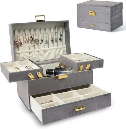 Dajasan Velvet Jewelry Boxes Women Jewelry Organizer Box 3- Layer Large Jewelry Storage Case for Birthday Mothers Day Valentines Day Grey