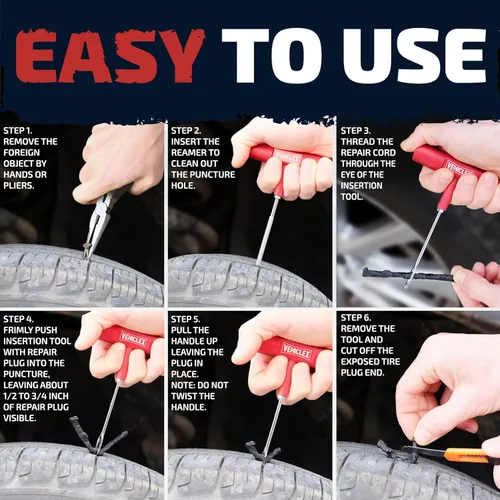 Miniatura 6 de Kit de reparación de neumáticos Vehiclex para tapones y parches con herramientas con mango de aluminio - Kit de emergencia con alicates en bolsa