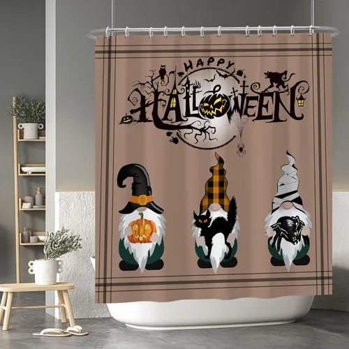 Miniatura 56 de Cortina de ducha de fantasma y gato negro para niños, 36 x 72 pulgadas, espeluznante y bonita, cortina de baño de Halloween con 6 ganchos, cortina